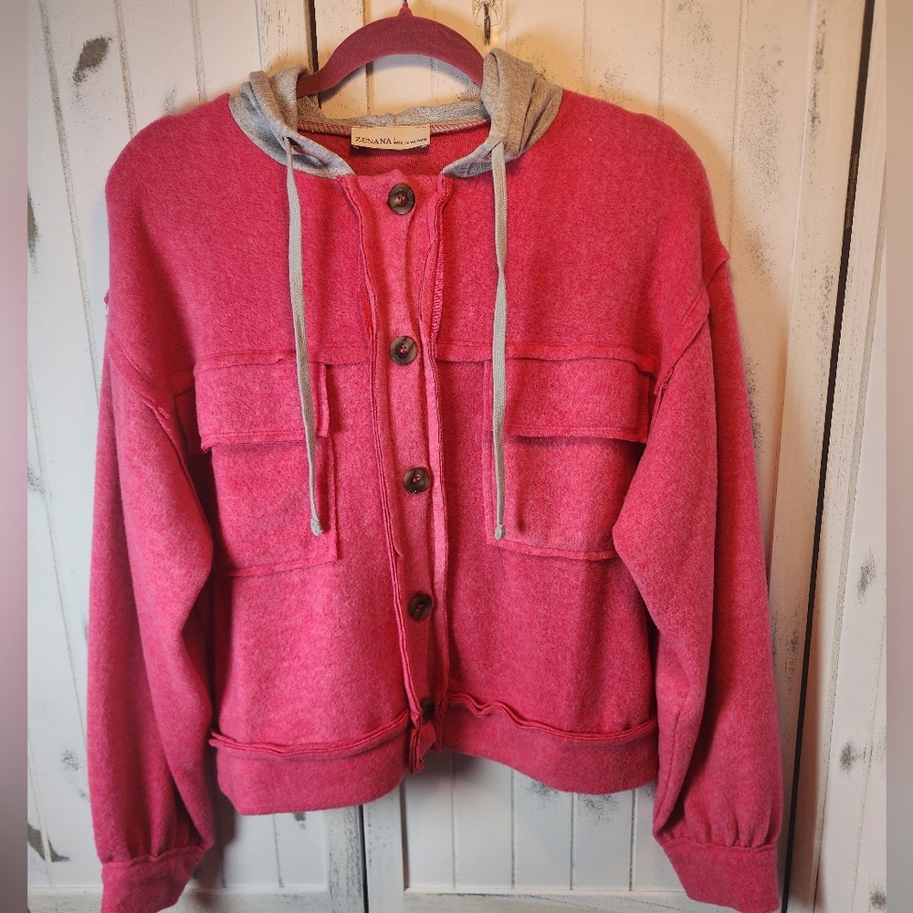 Zenana Brushed Hacci Hooded Button Down Shacket - Picture 3 of 7